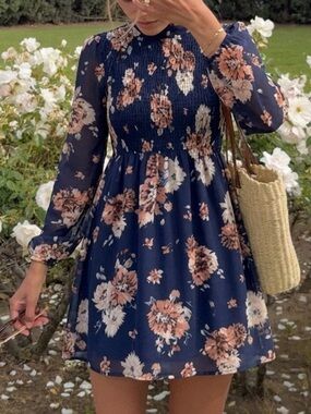Navy Floral Smocked Waist Mini Dress